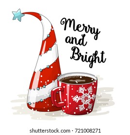 Seasonal motive, abstract red and white christmas tree. red cup of coffee and text Merry and Bright, vector illustration, eps 10 with transparency