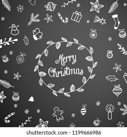 Seasonal motive, small Christmas doodles on blackboard with text Merry Christmas, vector illustration, eps 10 with transparency