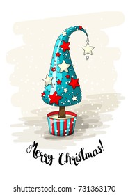 Seasonal motive,blue abstract christmas tree with red and white stars, pearls and text Merry Christmas, vector illustration, eps 10 with transparency