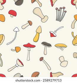 Seasonal mushroom food, chanterelle, champignon and amanita flat vector seamless pattern. Natural organic mushrooms background.