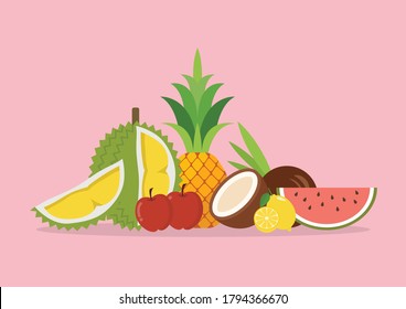 Seasonal organic exotic fruits. Assortment of exotic fruits isolated on pink background. Vector illustration