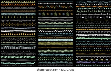 Seasonal ornaments. Doodle patterns. Decorative design elements. Ribbon, border, divider, pattern, symbol set. Hand drawn brush strokes, lines on charcoal background. 
