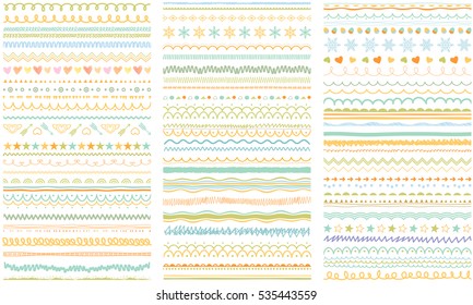 Seasonal ornaments. Doodle patterns. Decorative design elements. Ribbons, borders, dividers, patterns set. Hand drawn brush strokes, lines collection. 