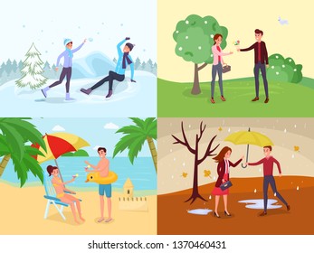Seasonal outdoor activities flat illustrations set. Winter games, spring landscape, summer holiday vacation vector drawing pack. Man and woman at sea, mountain resort, couple strolling, dating in park