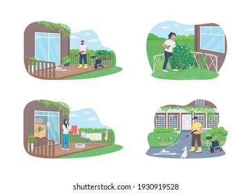 Seasonal outdoor cleaning work 2D vector web banner, poster. Powerwashing sidewalk. Men and women flat characters on cartoon background. Spring housework printable patch, colorful web element