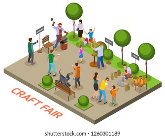 Seasonal Outdoor Craft Fair Event Isometric Composition With Craftsmen Demonstrating Skills And Selling Handmade Objects Vector Illustration