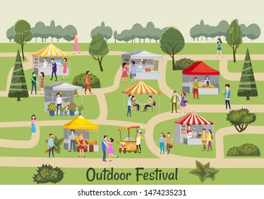 Seasonal Outdoor festival fair, market with food stalls, kiosks canopy, awnings, tents, ice cream, coffee, hot dog, flowers, bakery, walking people, men and women buying and selling goods talking to