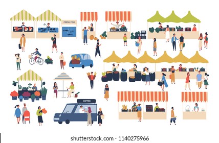 Seasonal outdoor street market. People walking between counters, buying vegetables, fruits, meat and other farmer products. Buyers and sellers on marketplace. Cartoon colorful vector illustration