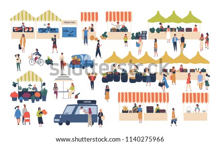 Seasonal outdoor street market. People walking between counters, buying vegetables, fruits, meat and other farmer products. Buyers and sellers on marketplace. Cartoon colorful vector illustration