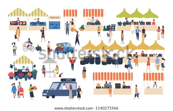 Seasonal outdoor street market. People\
walking between counters, buying vegetables, fruits, meat and other\
farmer products. Buyers and sellers on marketplace. Cartoon\
colorful vector\
illustration