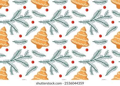 Seasonal pattern featuring decorated gingerbread trees and green pine branches with red berries