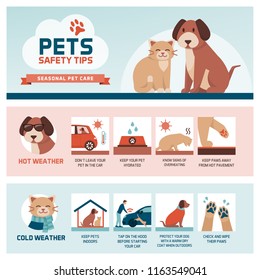 Seasonal pet safety tips infographic with icons: how to protect your pet from heat and cold in summer and winter