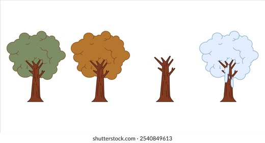 Seasonal phase woods tree season summer spring autumn fall winter hot cold weather leaves grow natural environment cycle plant colorful icon set design collection