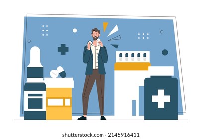 Seasonal pollen allergy concept. Young man with allergic rhinitis sneezes, wipes his nose with napkin and takes medication. Treatment of disease or symptoms. Cartoon flat vector illustration