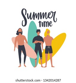 Seasonal postcard template with group of male surfers carrying surfboards and Summer time text handwritten with cursive calligraphic font. People on sea or ocean beach. Flat vector illustration.
