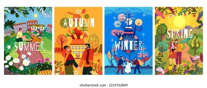 Seasonal posters. Family walking in nature. Happy couple in spring or summer park. Autumn and winter seasons. Different weather. Trees and exact flowers. Vector design backgrounds set