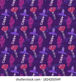 seasonal print with mushrooms on a purple background, textured autumn patterns with fly agaric and toadstools for wallpaper or textiles. seamless pattern with glowing psilocybin and poisonous mushroom
