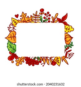 Seasonal rectangle autumn hand drawn vector frame. Fall decorative border with red, orange, yellow and green leaves, berries and place for text or photo. Forest leafage for social media posts banner.