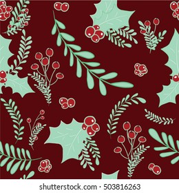 Seasonal repeating pattern featuring berries, mistletoe and decorative tree branches. Seamless  Christmas repeat on a dark red background.