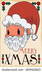 Seasonal retro design decorated with mistletoe and cute Santa Claus face for Xmas celebration.