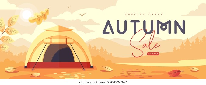 Seasonal retro flat autumn big sale banner with mountain landscape, forest, falling leaves and camping. Vector illustration