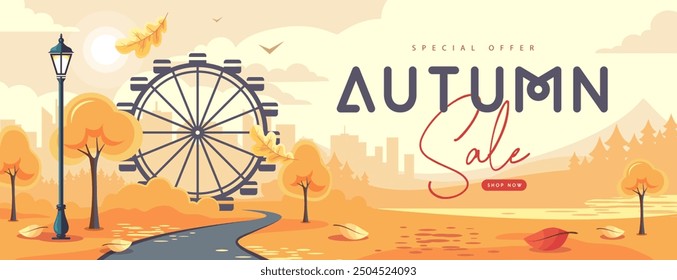 Seasonal retro flat autumn big sale banner with city landscape, ferris wheel in the park and falling leaves. Vector illustration