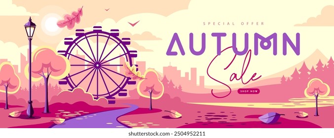 Seasonal retro flat autumn big sale banner with city landscape, ferris wheel in the park and falling leaves. Vector illustration