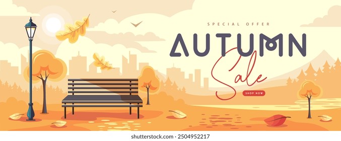 Seasonal retro flat autumn big sale banner with city landscape, bench in the park and falling leaves. Vector illustration