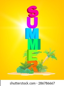 Seasonal romantic summer poster with beautiful typography. Conceptual vector illustration. Colorful three-dimensional realistic letters standing at the beach on a yellow background.