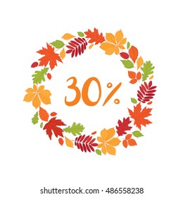 Seasonal sale. Up to 30% off. Autumnal round frame. Wreath of autumn leaves. Fall of the leaves. Vector.