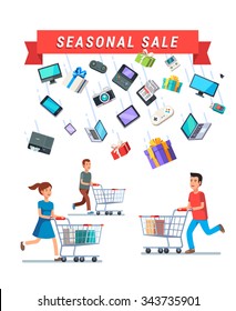 Seasonal Sale advert banner. People running with shopping carts under the rain of retail goods. Flat style vector illustration isolated on black background.