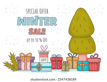 Seasonal sale background with gift boxes and Christmas tree. Winter sale banner design. 