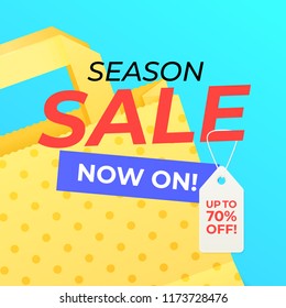 Seasonal sale background template with paper bag and shopping tag.