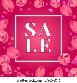 Seasonal sale banner. Abstract vector card with fresh colorful background. Vintage design for woman and girl. Mothers day, 8 March, Easter holidays. Spring frame, white text, isolated pink flowers