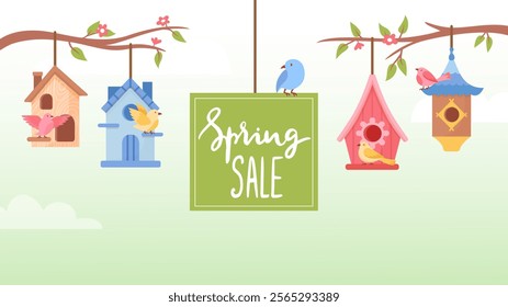 Seasonal sale banner. Decorative bird houses and tiny birds hanging on tree branches. Seasonal discount poster for store or mall, neoteric vector background