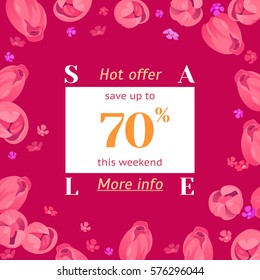 Seasonal sale banner. Spring holiday frame, golden text, flowers. Vector festive frame decorated with fresh pink tulips. Hot limited offer 70% off. Mothers day, Easter background, 8 March woman design