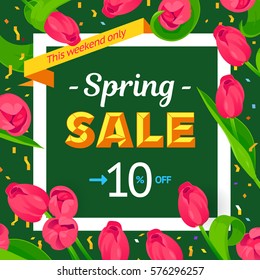 Seasonal sale banner. Spring holiday frame, text, flowers. Vector card, fresh green background. Decorated festive frame, pink tulips. Limited offer 10 percent off. Mother's day, 8 March, Easter design