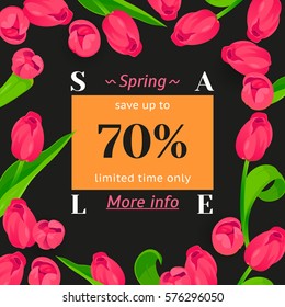 Seasonal sale banner. Spring holidays frame, white text. Woman vector gold frame, isolated flowers tulips. Hot limited offer 70% off. Abstract Easter background, 8 March Mothers day golden girl design