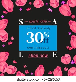 Seasonal sale banner. Spring holidays frame, white text. Woman vector blue frame, isolated flowers tulips. Hot limited offer 30% off. Abstract Easter background, 8 March and Mothers day, girl design