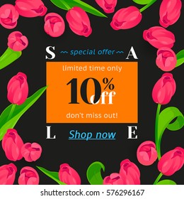 Seasonal sale banner. Spring holidays frame, white text. Woman vector gold frame, isolated flowers tulips. Hot limited offer 10% off. Abstract Easter background, 8 March Mothers day golden girl design