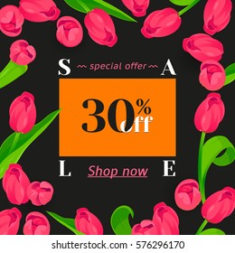 Seasonal sale banner. Spring holidays frame, white text. Woman vector gold frame, isolated flowers tulips. Hot limited offer 30% off. Abstract Easter background, 8 March Mothers day golden girl design