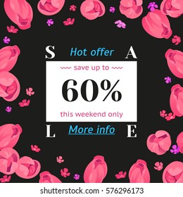 Seasonal sale banner. Spring holidays frame, white text, flowers. Abstract woman vector decorated frame, isolated tulips. Hot limited offer 60% off. Mothers day, Easter background, 8 March girl design