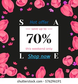 Seasonal sale banner. Spring holidays frame, white text, flowers. Abstract woman vector decorated frame, isolated tulips. Hot limited offer 70% off. Mothers day, Easter background, 8 March girl design