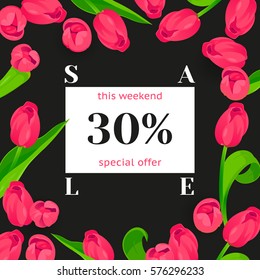 Seasonal sale banner. Spring holidays frame, white text, flowers. Abstract woman vector decorated frame, isolated tulips. Hot limited offer 30% off. Mothers day, Easter background, 8 March girl design