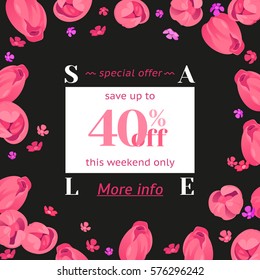 Seasonal sale banner. Spring holidays frame, white text, flowers. Abstract woman vector decorated frame, isolated tulips. Hot limited offer 40% off. Mothers day, Easter background, 8 March girl design