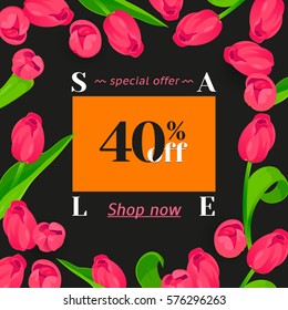 Seasonal sale banner. Spring holidays frame, white text. Woman vector gold frame, isolated flowers tulips. Hot limited offer 40% off. Abstract Easter background, 8 March Mothers day golden girl design