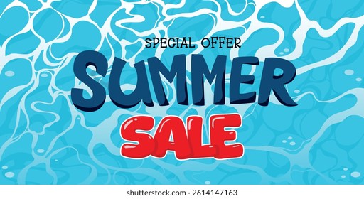 Seasonal sale banner template with summer sale text against a beautiful water surface texture. Sea waves abstract the background. Turquoise rippled water texture background.