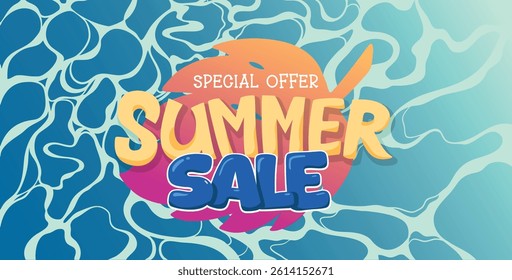 Seasonal sale banner template with summer sale text against a beautiful water surface texture. Sea waves abstract the background. Turquoise rippled water texture background.