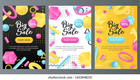 Seasonal sale discount abstract poster set. Memphis style banner design template. Vector 3d multicolor plastic geometric shapes on white, black and yellow background. Big sale calligraphy lettering.