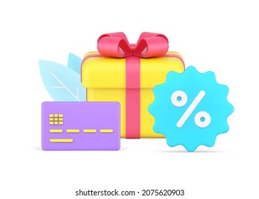 Seasonal sale, discount, black friday concept 3d icon isometric vector illustration. Bright wrapped festive gift box with bow ribbon and credit card for e money contactless payment, percentage symbol